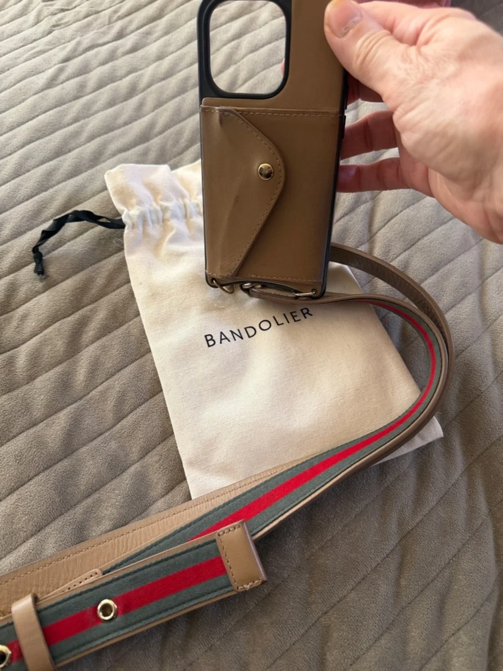 Bandolier Taupe Leather Mini Phone Crossbody with Gold Hardware